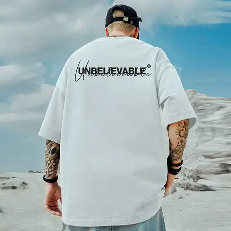 重磅美式日系胖子短袖t恤加肥加大码白色圆领纯棉简约半袖男潮流商品大图