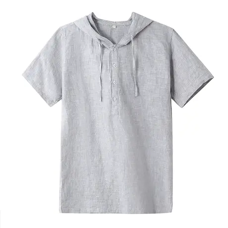 亚麻短袖连帽T恤男夏季薄款男士休闲宽松体恤日系复古棉麻上衣潮商品大图