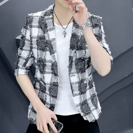 高级感设计撞色格子小西装男夏季潮牌个性帅气短袖小香风西服外套商品大图