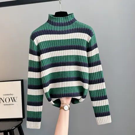 绿色条纹软糯打底针织衫女秋冬2025春季时尚显瘦套头半高领毛衣厚商品大图