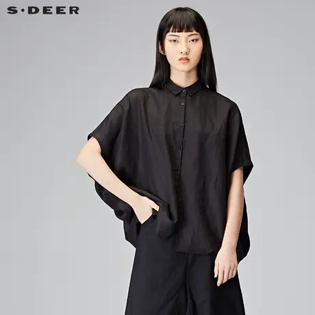 sdeer圣迪奥2018秋装宽松翻领蝙蝠袖透气苎麻短袖衬衫女S18180520图片