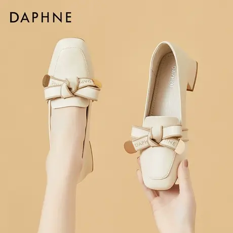 达芙妮乐福鞋女2022新款英伦风小皮鞋女方头粗跟单鞋复古真皮女鞋商品大图