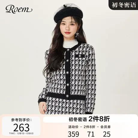 Roem秋冬 新款时尚格子针织开衫女气质青春圆领短款长袖针织上衣商品大图