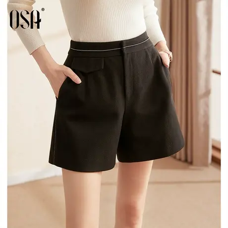 OSA欧莎黑色高腰毛呢短裤女外穿秋冬季2023年新款休闲直筒阔腿裤商品大图
