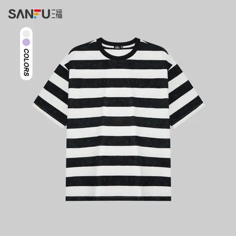 三福2024夏季新款短袖t恤男重磅晕染粗横条纹情侣宽松圆领打底衫商品大图