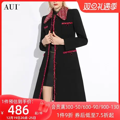 AUI高端撞色小香风毛呢外套女冬2023新款气质修身中长款呢子大衣商品大图