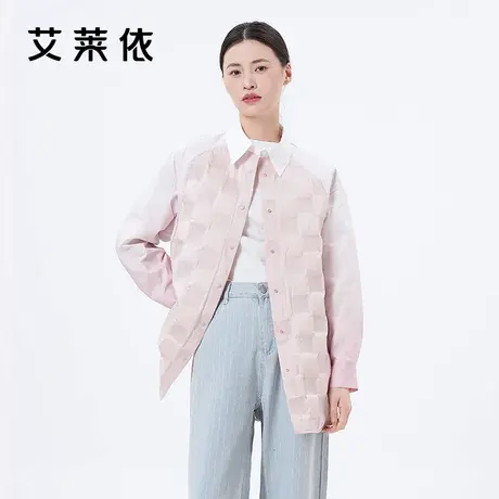 艾莱依渐变色羽绒服女春季新款轻薄立体压印鹅绒衬衫领中长款外套商品大图