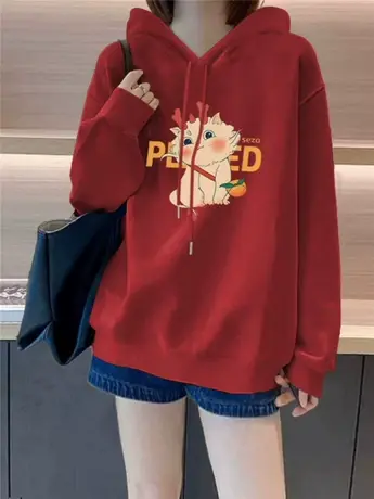 龙年红色喜庆连帽卫衣女装2024新款韩版宽松显瘦加绒加厚洋气上衣商品大图