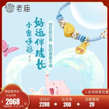 老庙黄金足金5D小象呼禄聪明小象健康小兔珐琅挂坠宝宝儿童手绳商品大图