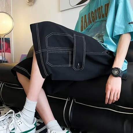 短裤男夏季休闲宽松港风运动裤ins潮流大裤衩纯色工装裤五分裤子商品大图