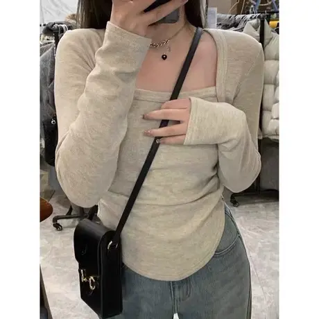 设计感小众别致长袖T恤女春季洋气修身打底小衫短款方领上衣内搭商品大图