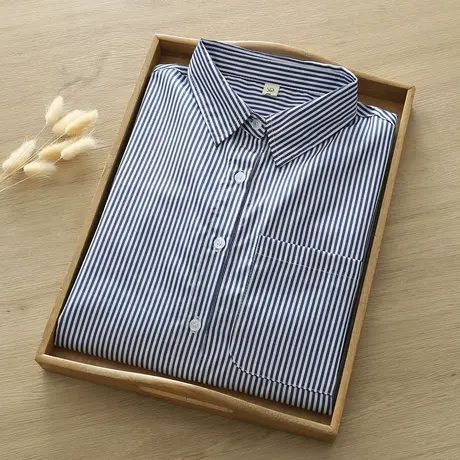 春秋新款韩版复古蓝条纹长袖衬衫女职业工作宽松复古显瘦上衣外套商品大图