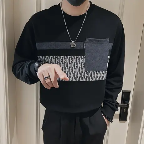 设计感撞色拼接口袋长袖上衣男春季个性潮牌休闲痞帅圆领卫衣T恤商品大图