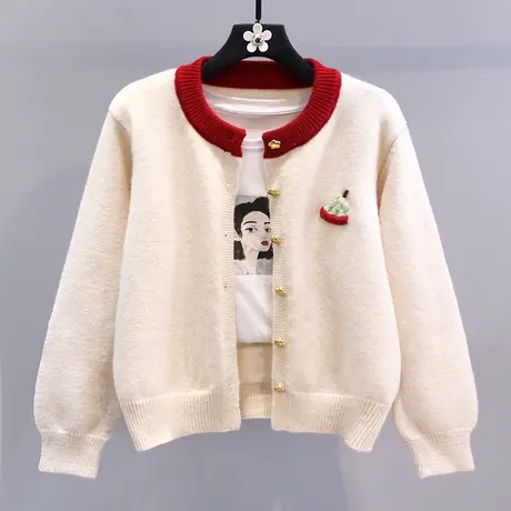 拼色圆领刺绣毛衣外套女春装2024新款宽松慵懒风时尚减龄针织开衫图片