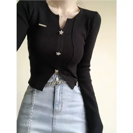 纯欲风V领长袖打底衫女2023春秋设计感修身短款甜辣妹针织衫上衣图片