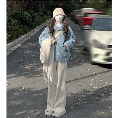 灯芯绒阔腿裤女秋冬季加绒加厚垂感高腰显瘦宽松直筒裤休闲运动裤图片