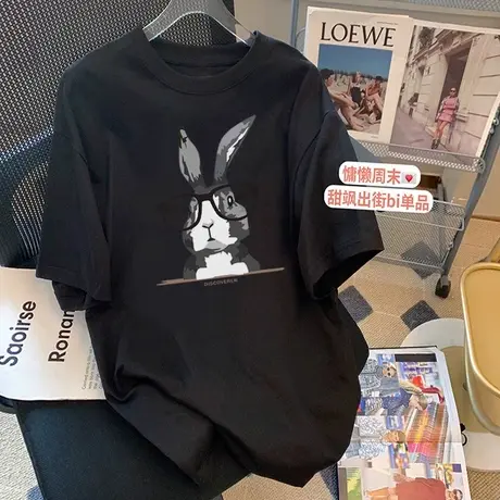 2024新款纯棉短袖T恤女宽松休闲韩版时尚中长款夏季百搭打底上衣商品大图