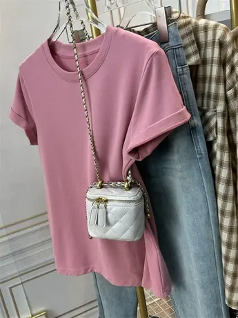 正肩圆领磨毛t恤女2024新款纯色显瘦内搭打底百搭短袖上衣春秋季商品大图