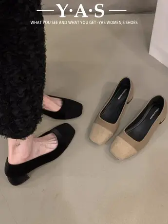 粗跟法式拼接黑色通勤单鞋女鞋子2024新款春秋冬季方头中跟工作鞋商品大图