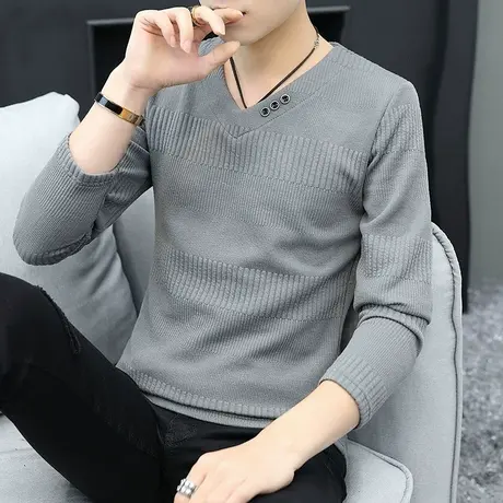 针织衫男V领韩版修身男士学生套头条纹毛衣薄款秋季上衣打底衫潮商品大图