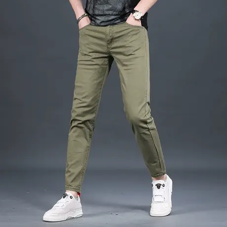 夏季军绿色九分裤男牛仔裤潮牌修身小脚韩版潮流男士休闲9分裤子商品大图