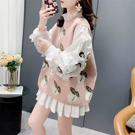 日系甜美风圆领针织马甲背心女春季2024新款宽松提花无袖坎肩上衣商品大图