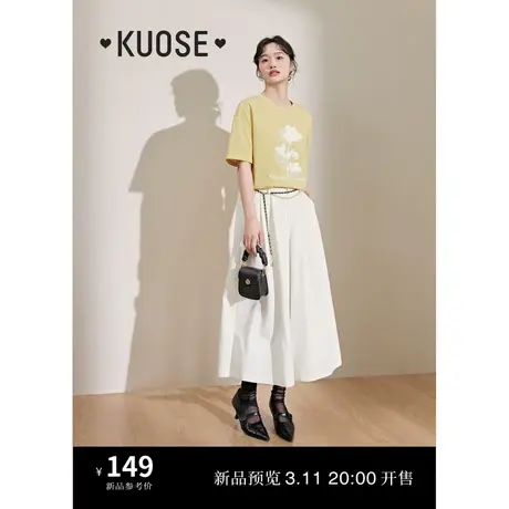 阔色黄色花朵短袖T恤女2024春夏新款休闲风圆领绣花半袖上衣图片