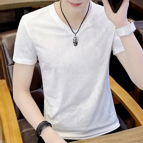 男士潮牌ins短袖T恤发型师个性韩版夏装V领暗花潮流冰丝半袖体恤商品大图