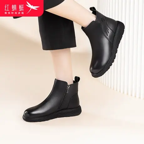 红蜻蜓2023新款秋冬季简约加绒女短靴女鞋休闲厚底妈妈鞋平底皮鞋商品大图