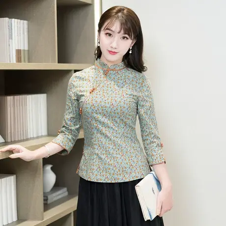 筠雅旗袍式上衣唐装女中国风长袖碎花棉麻原创民国风复古中式女装图片