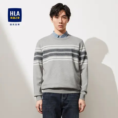 HLA/海澜之家双领长袖针织衫2023秋季修身条纹时尚舒适休闲毛衣男商品大图