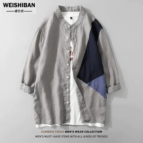 日系复古七分袖衬衫男薄款抽象拼接宽松寸衫个性立领亚麻衬衣外穿商品大图