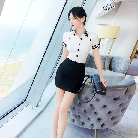 VJE夏季白色OL职业衬衫女新款时尚格纹撞色拼接修身短袖上衣商品大图