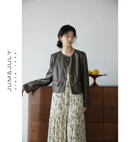 嘉茱莉2023秋季新款美式复古皮衣外套女短款小个子皮外套夹克上衣商品大图