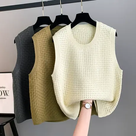 圆领华夫格宽松无袖套头马甲女2023秋冬新款时尚背心叠穿显瘦坎肩商品大图