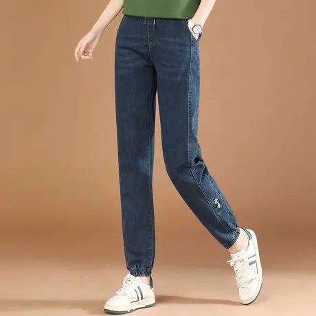 韩潮袭人松紧腰刺绣束脚牛仔裤女2023秋季新款工装休闲哈伦长裤子商品大图