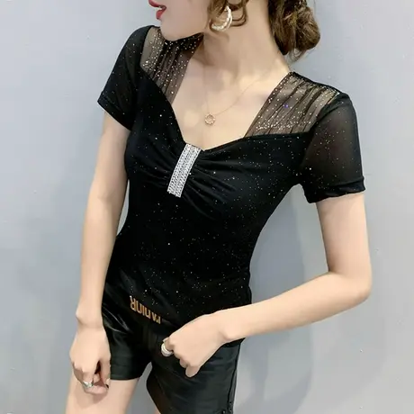 性感网纱拼接上衣女短袖时尚V领修身T恤2023夏装新款洋气烫钻小衫商品大图