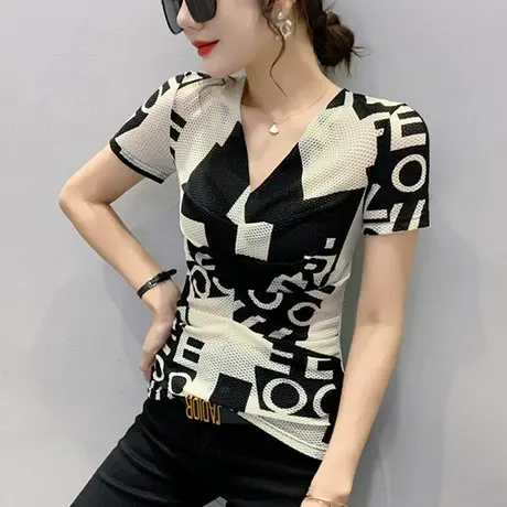 欧货性感网纱短袖T恤女时尚印花上衣紧身洋气小衫别致V领半袖夏季商品大图