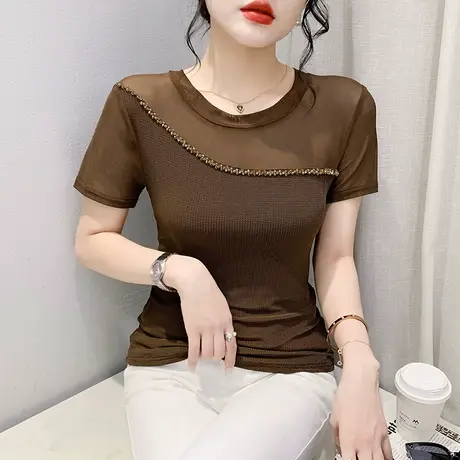 女装2023新款网纱拼接T恤短袖别致钉珠小衫夏天性感镂空修身上衣商品大图