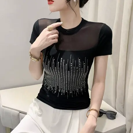 网纱拼接短袖T恤女士夏装2023新款性感镂空小衫别致重工烫钻上衣图片