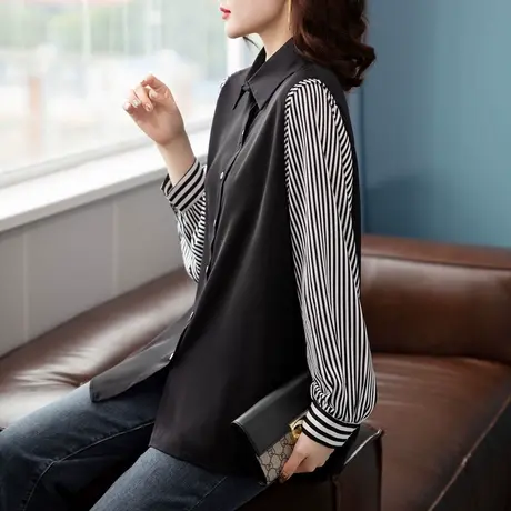 早秋气质上衣甜美别致法式百搭长袖条纹衬衫女春秋雪纺设计感小众商品大图