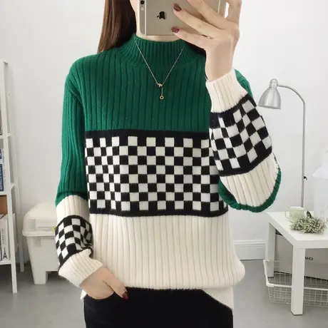女士拼色半高领毛衣女宽松2022秋冬新款时尚百搭针织打底衫上衣女图片