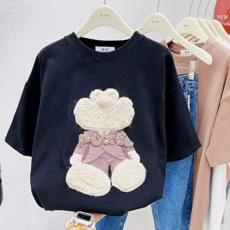 2023早春新款上衣搞怪重工水钻秋冬磨毛加厚短袖T恤叠穿大码欧货图片