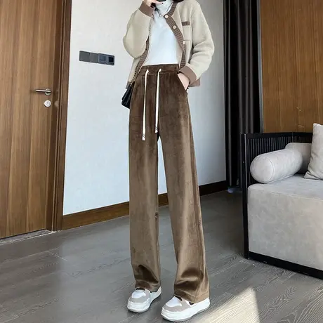 咖色雪尼尔阔腿裤女2023年春秋新款高腰直筒宽松小个子休闲条绒裤商品大图