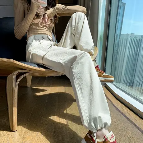 美式工装裤女宽松直筒2023新款春秋薄款高腰阔腿抽绳束脚运动裤子商品大图