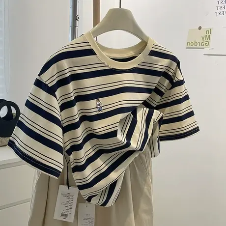夏季新款小众设计感短袖正肩t恤女装洋气打底衫chic港味条纹上衣商品大图