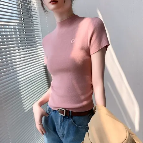 半高领刺绣短袖针织衫女2023早秋新品修身西装内搭上衣正肩打底衫商品大图