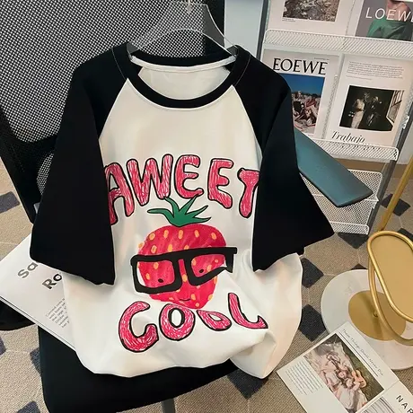 纯棉撞色插肩设计感短袖t恤女夏季新款小众宽松洋气减龄上衣百搭图片