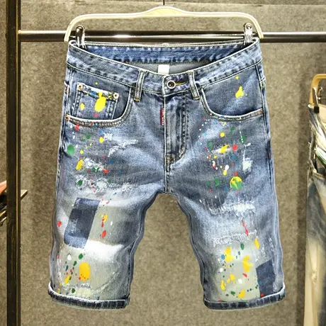 夏季潮牌撞色短裤男高街痞帅破洞补丁牛仔裤男潮流泼墨宽松五分裤商品大图