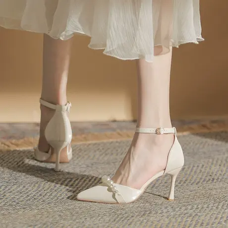 一字带高跟鞋女细跟2023年春季新款尖头中空单鞋性感仙女风宴会鞋图片